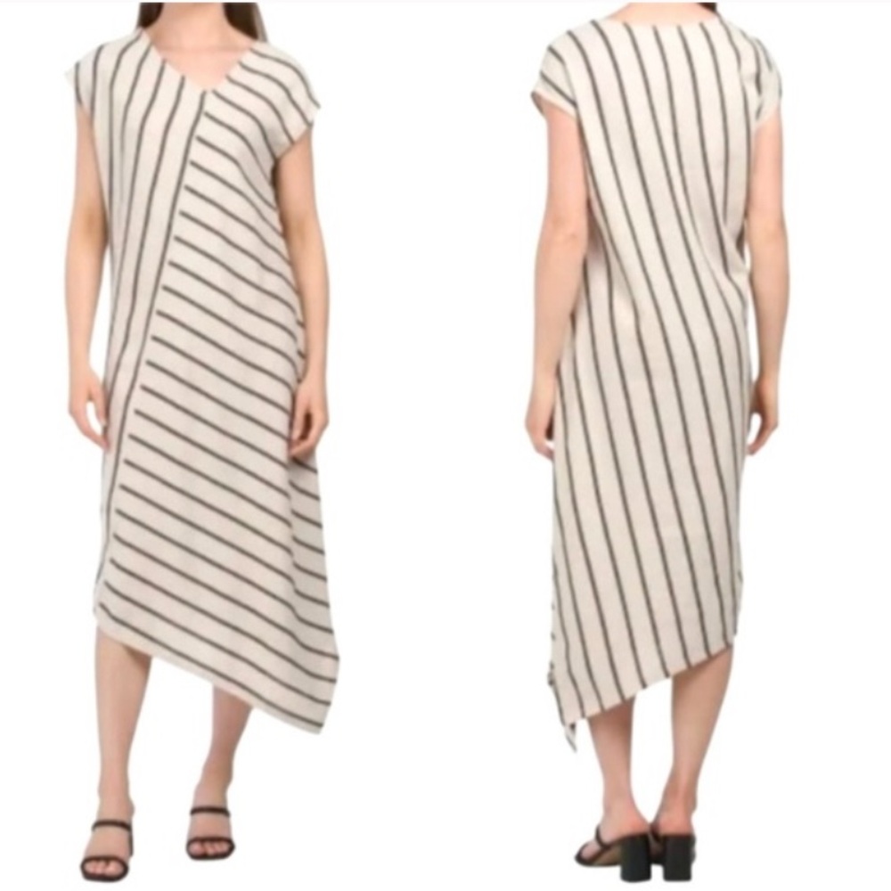 Tahari Cream and Black Asymmetrical Linen Dress Size Small